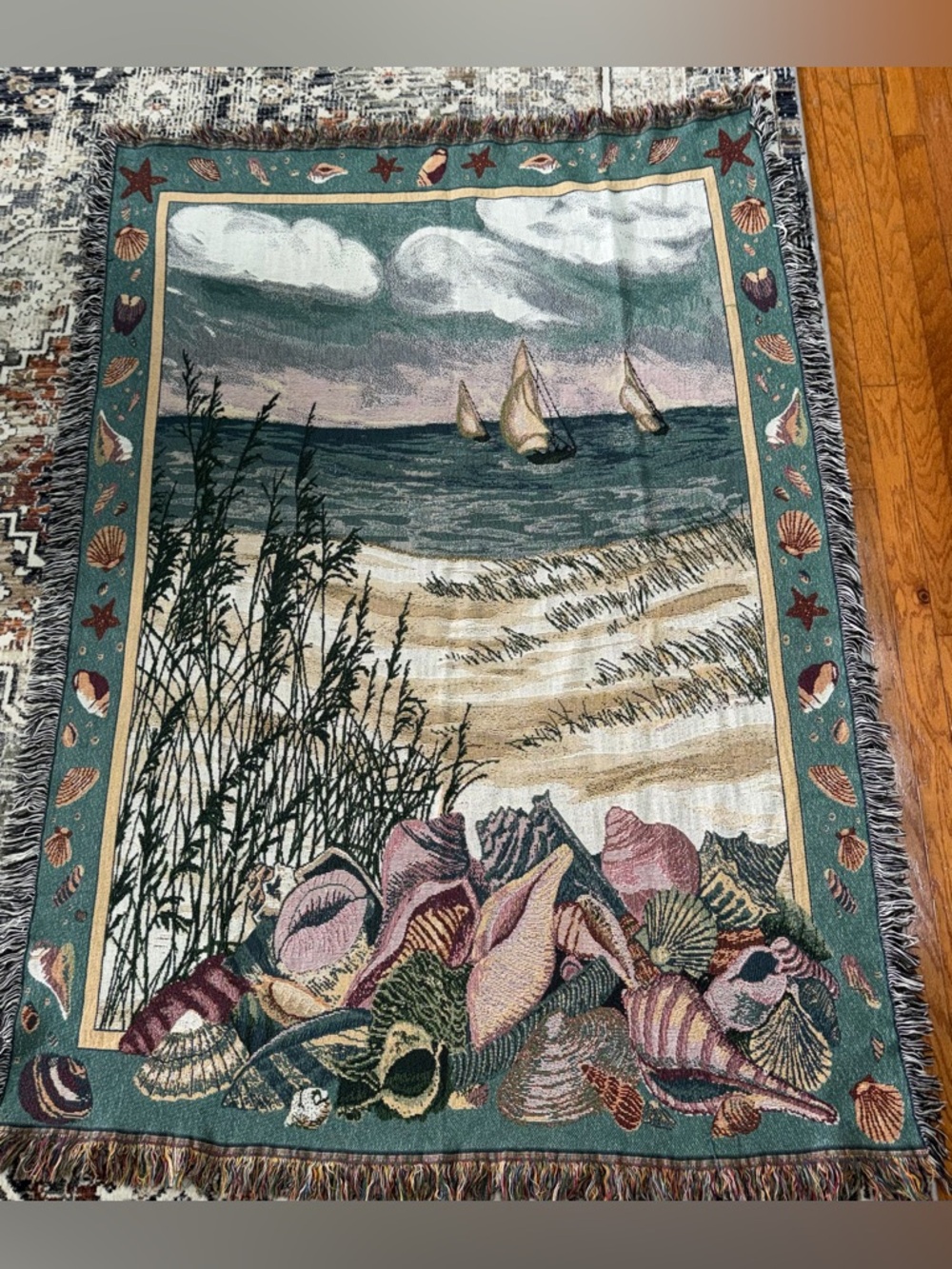 Ocean Breeze Seaside Sailboat Seashells Tapestry Throw Blanket 64” X 48”